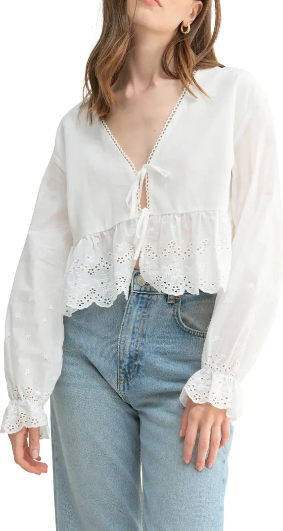 Lush Eyelet Ruffle Tie Front Cotton Top | Nordstromrack | Nordstrom Rack