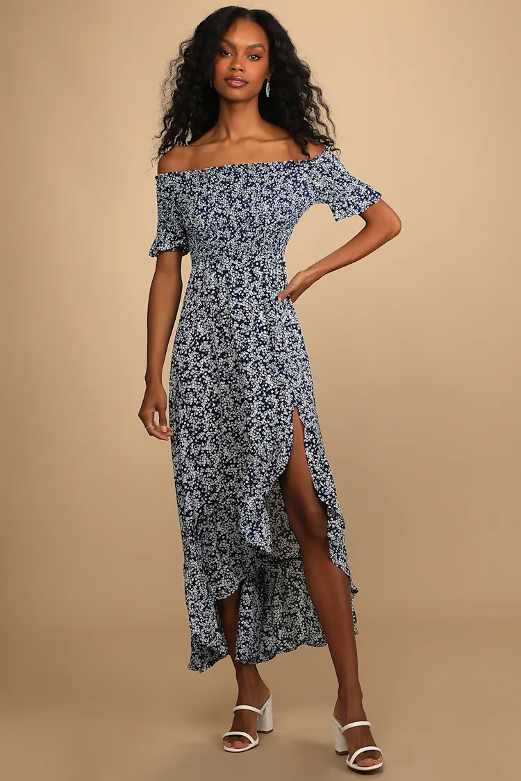Fleur-tation Navy Blue Floral Print Off-the-Shoulder Midi Dress | Lulus (US)