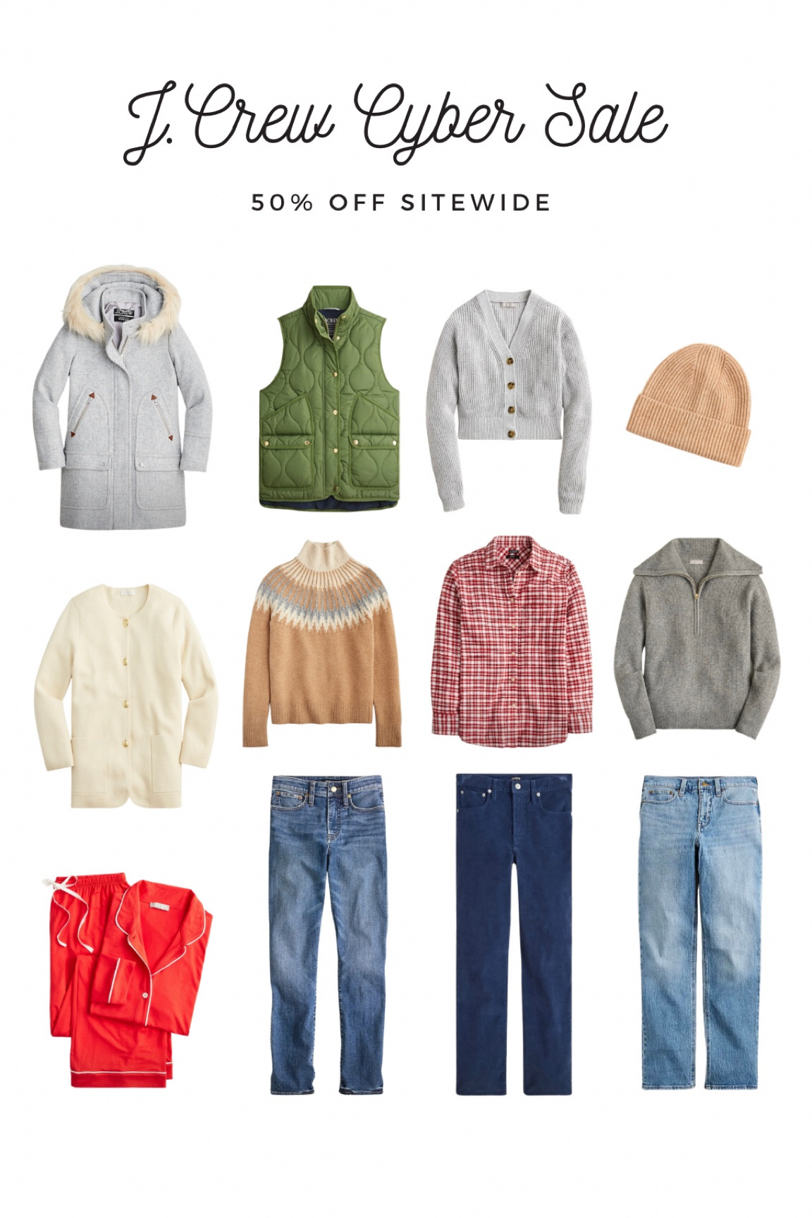 J.Crew Holiday Sale for Cyber Monday — 50%off everything for everyone! It’s the perfect time to do holiday gift shopping

Parka jacket, plaid shirts, cozy winter sweaters, cashmere beanie, straight leg jeans, navy corduroy pants, red holiday pajamas, fair isle sweater, quilted vest, cropped button cardigan

Cyber Monday sale, gift ideas for her 

#LTKCyberWeek #LTKSeasonal #LTKHoliday