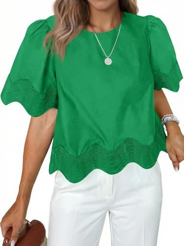Tankaneo Womens Short Sleeve Crop Tops Summer Casual Scalloped Flowy Blouse Crewneck Ruffle Loose... | Amazon (US)