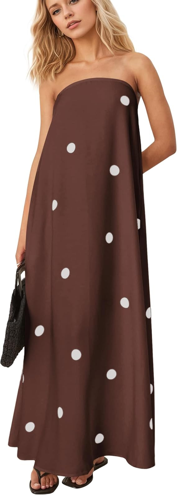calbatic Women Polka Dot Strapless Maxi Dress Summer Flowy A Line Ruffle Backless Off Shoulder Lo... | Amazon (US)