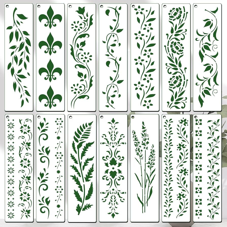 14 PCS Reusable Border Flower Stencils for Painting, Wood Wall & Crafts - Floral Vine Border Art ... | Amazon (US)