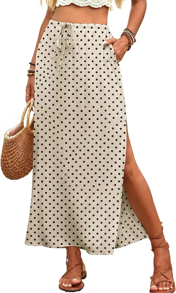 ELLEVEN Linen Straight Maxi Skirt with Side Slit - Elastic Waist Drawstring Long Flowy Ankle-Leng... | Amazon (US)