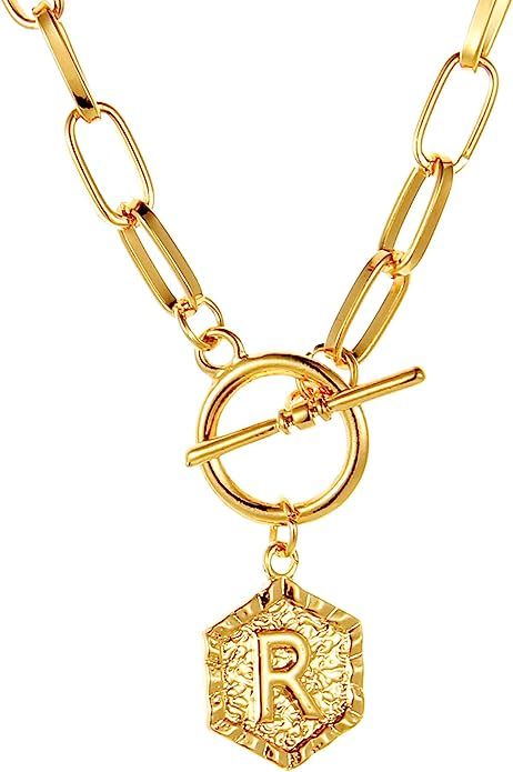 EXGOX Initial Letter Choker Necklace for Women 14K Gold Plated Dainty Personalized Hexagon Pendan... | Amazon (US)