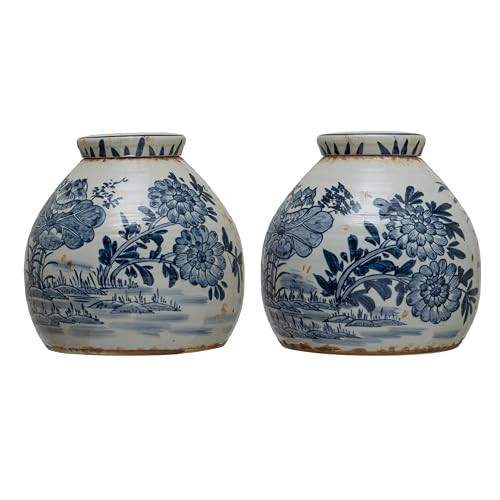 Creative Co-Op Decorative Stoneware Ginger Jar with Flower Prints and Distressed Finish, Blue and White | Amazon (US)