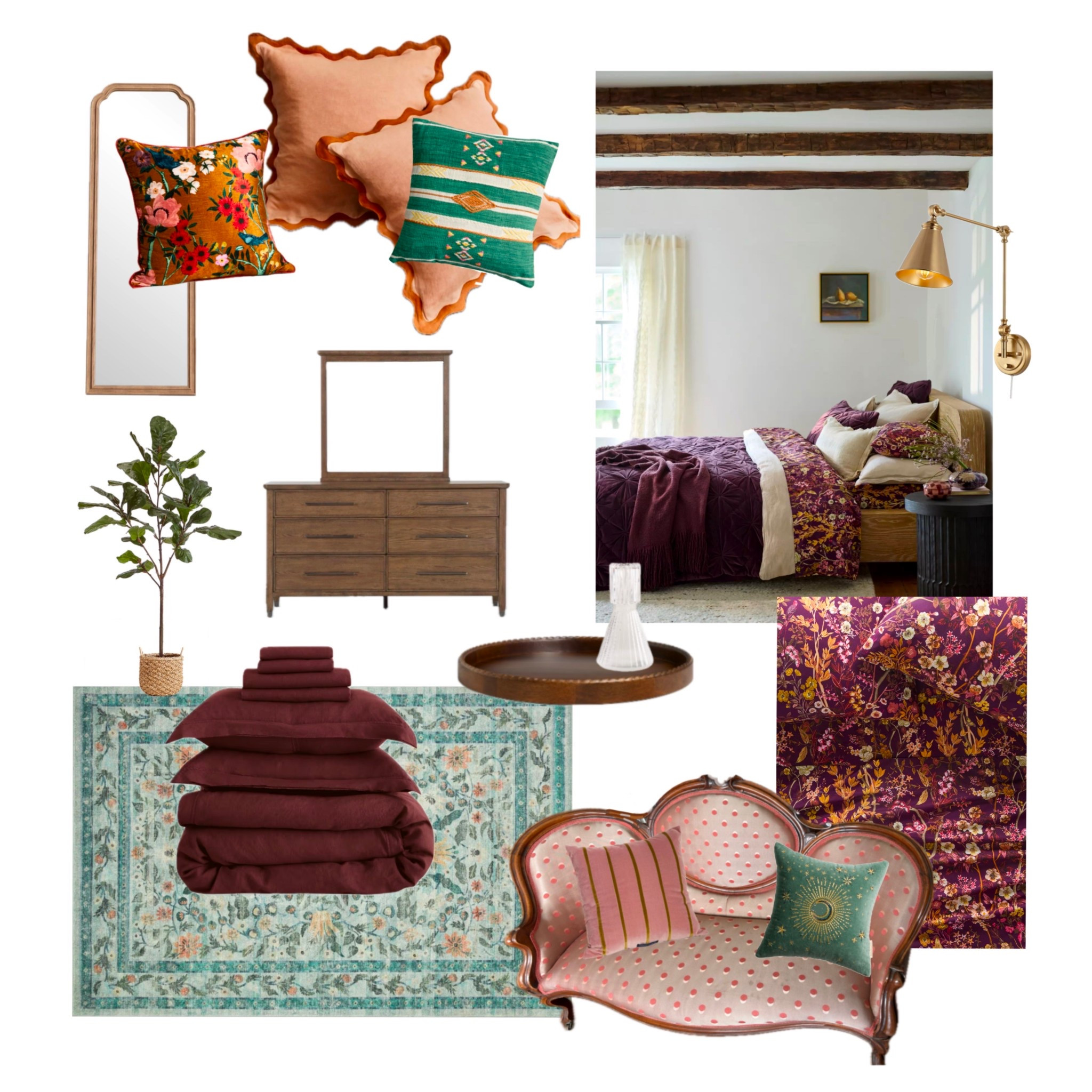 The primary bedroom for this client has a pink polka-dotted vintage couch, so the vibe was set right off the bat! The deep maroon duvet complements the pink and accents of teal and orange to keep it feeling unique. The eclectic, bohemian prompt was further showcased by the sophisticated mixing of patterns - florals, stripes, and polka dots harmonize together when in similar tones. Add layers of pillows on the king bed to create a luxurious sleep. Don’t forget the basket with extra throw blankets and side table for convenience while lounging with a cup of tea and a good book. 
