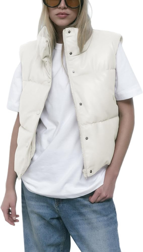 Ailoqing Womens Faux Leather Puffer Vest Zip Up Sleeveless Winter Cropped Jacket | Amazon (US)