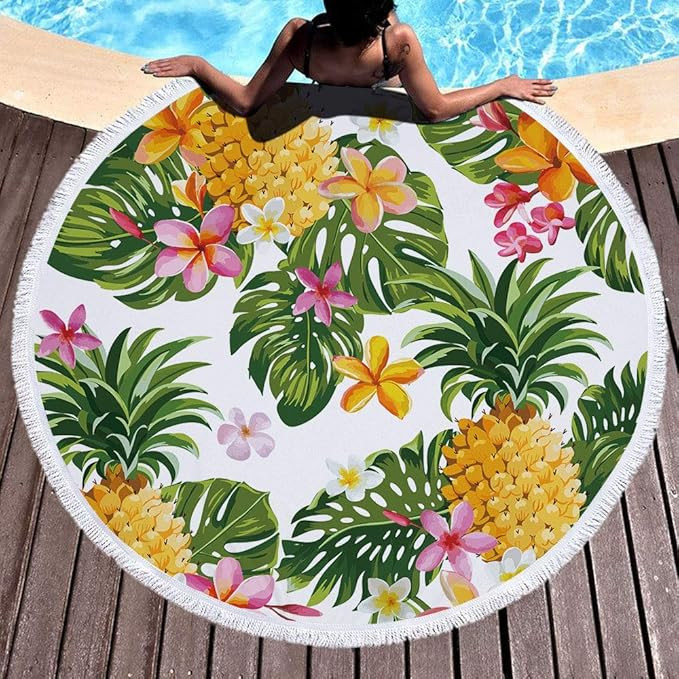 IcosaMro Round Beach Towel Pineapple Microfiber Beach Blanket Tropical Floral Large Roundie Light... | Amazon (US)