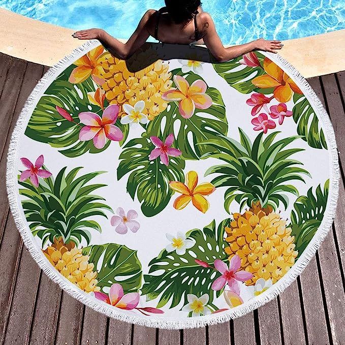 IcosaMro Round Beach Towel Pineapple Microfiber Beach Blanket Tropical Floral Large Roundie Light... | Amazon (US)