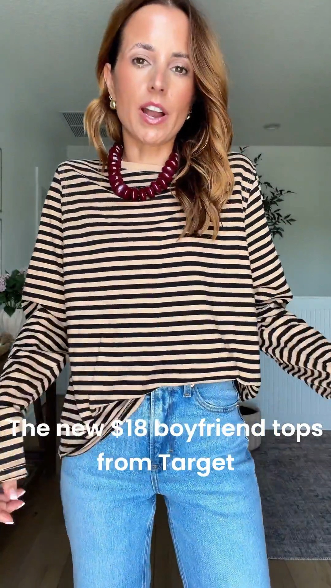 Fall outfit. Fall style. Mom outfit. Every day outfit. Casual outfit. I love these new $18 boyfriend tops from Target! Very lightweight and soft with an oversized fit. I love the way that it looks with jeans! This striped combo is very in right now. Wearing XS in top and 00 short in new vintage straight jeans. Beaded necklace.

#LTKootd #LTKgrwm #LTKSeasonal