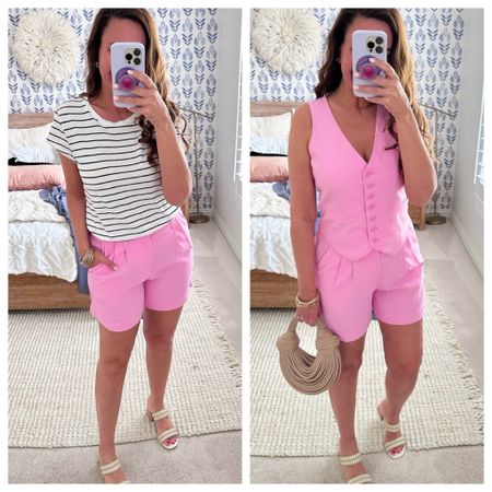 Striped tee is on sake for just $7. Wearing a small.
Pink pleated shorts are size 6. Several color ways. Currently on sale.
Matching vest also comes in several colors. Wearing a small.
.


#LTKxTarget #LTKover40 #LTKsalealert