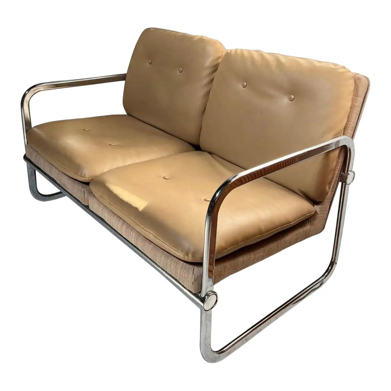 Vintage Mid-Century Bauhaus Tan Vinyl and Chrome Settee | 1stDibs