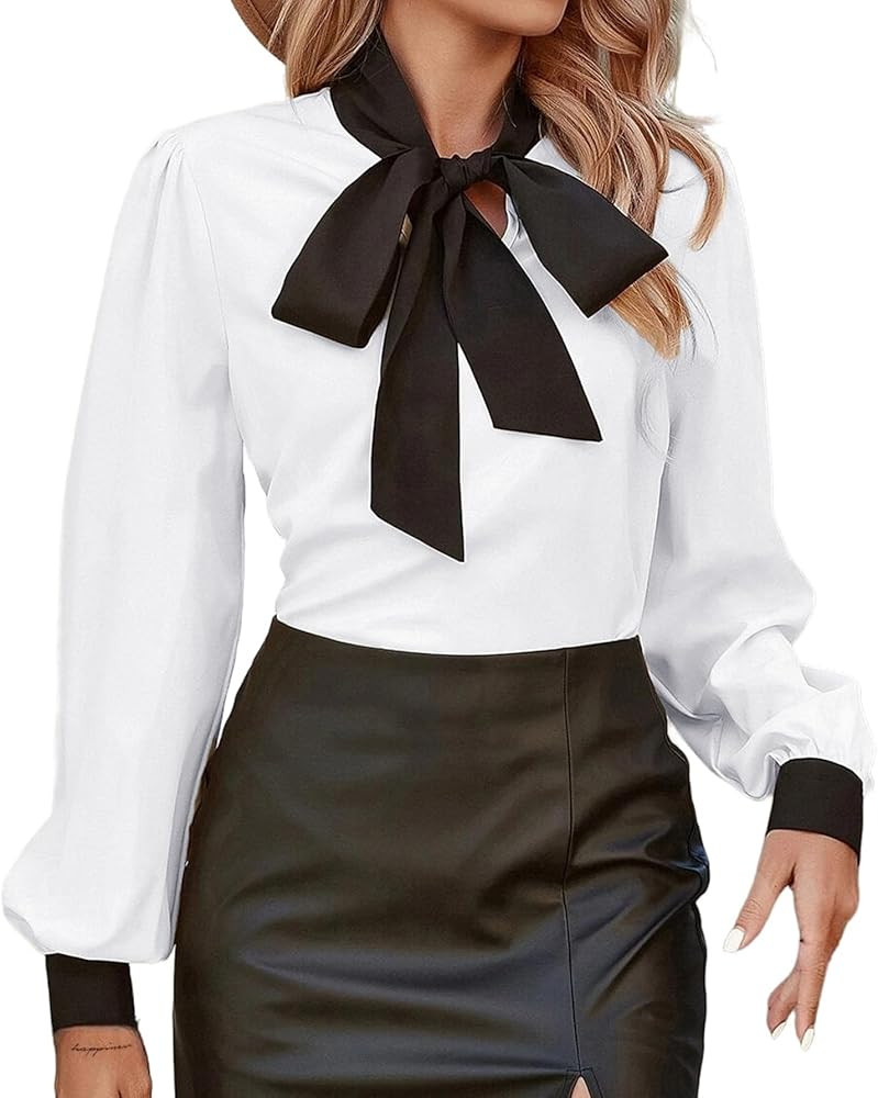 Avanova Women Tie Neck Bishop Long Sleeve Shirts Casual Work Blouses Tops | Amazon (US)