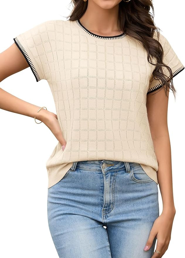 Womens Cap Sleeve Tops Trendy Sweater Vest Knit Sweaters Casual Crewneck Hollowed Out Crochet Pul... | Amazon (US)