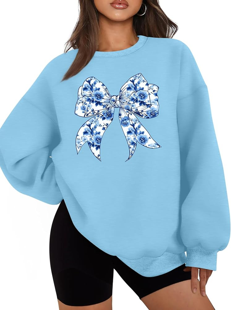 Bow Sweatshirt Women: Oversized Crewneck Sweatshirt Coquette Bow Shirt Long Sleeve Pullover Tops | Amazon (US)