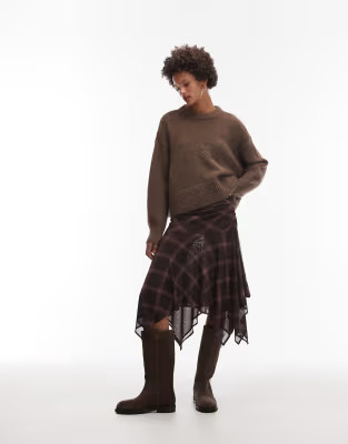 ASOS DESIGN handkerchief hem mesh skirt in brown plaid print - part of a set | ASOS (Global)