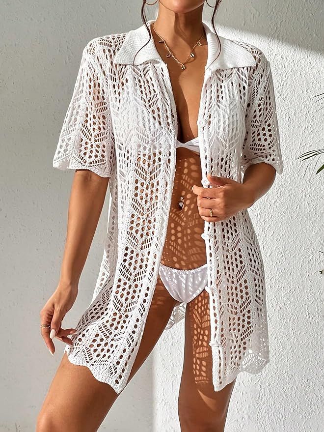 SOLY HUX Women's Button Down Hollow Out Crochet Swimsuits Cover Ups Kimono Short Sleeve Sheer Bea... | Amazon (US)