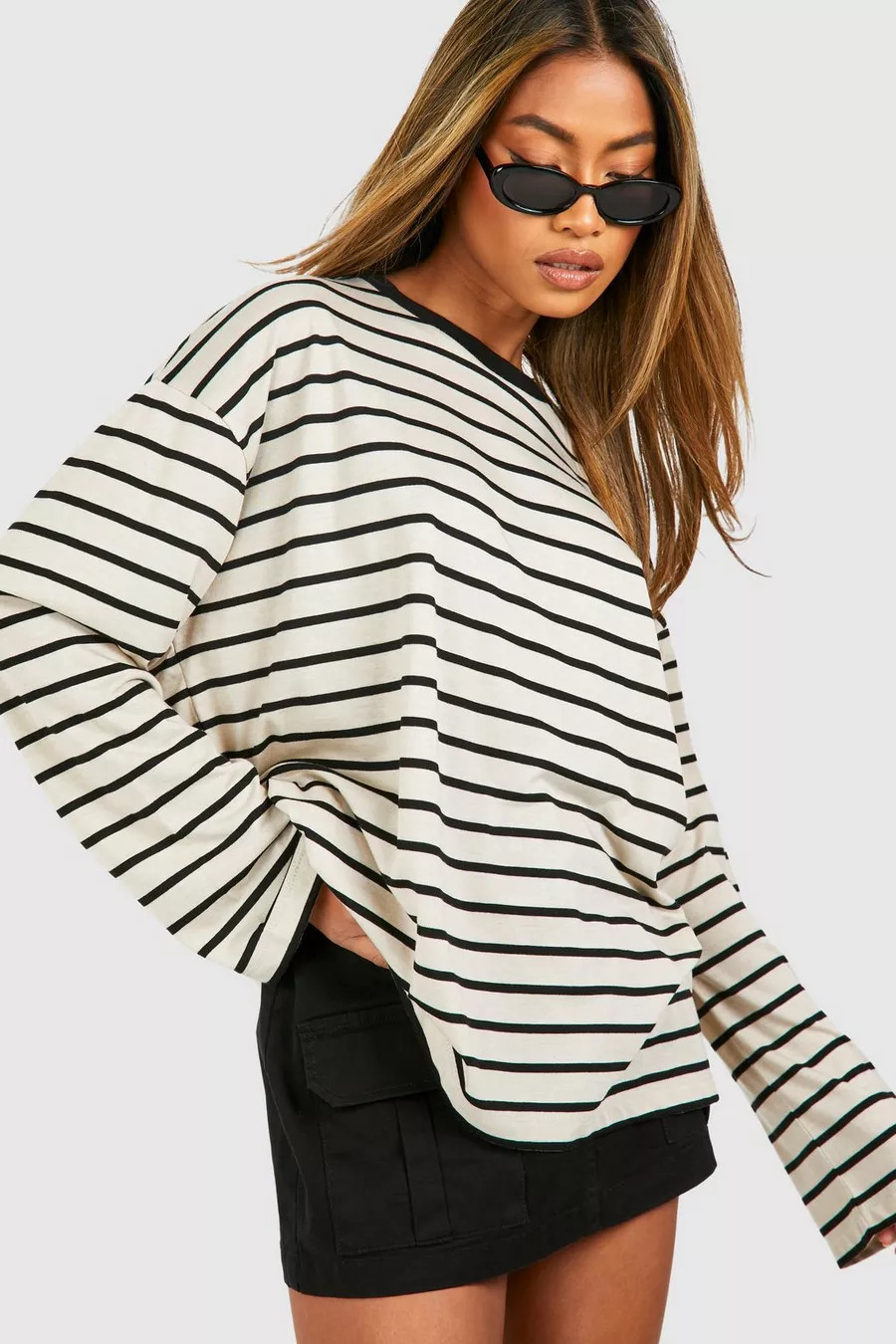 Wide Sleeve Thin Stripe T-shirt | boohoo (US & Canada)