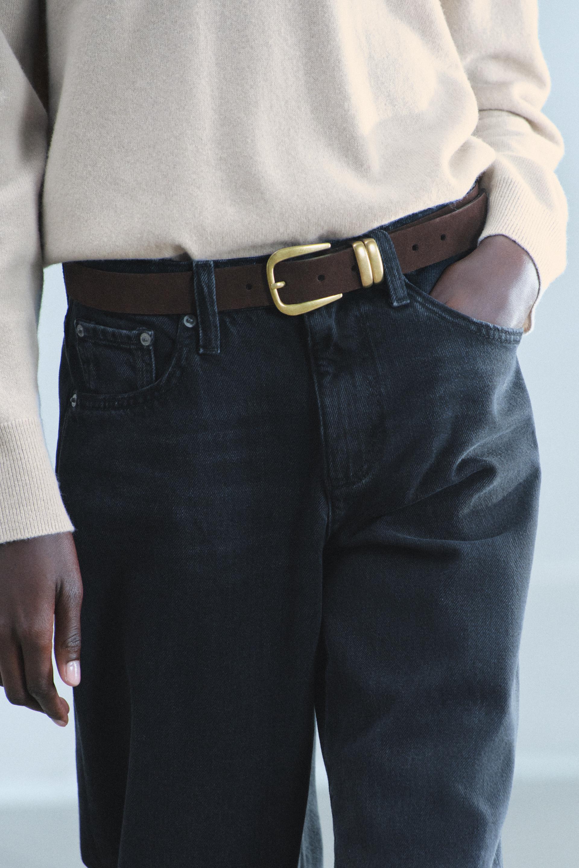 Zara - 100% Suede Leather Belt With Double Prong - Chocolate - 30 - Woman | Zara Canada