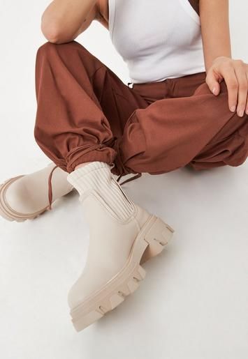 Missguided - Cream Knitted Panel Chunky Chelsea Boots | Missguided (UK & IE)