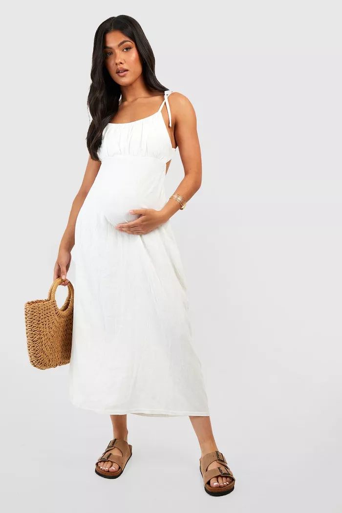 Maternity Linen Look Tie Strap Midi Dress | boohoo (US & Canada)