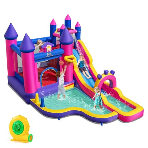BOUNTECH Inflatable Water Slide, Princess Water Park w/Long Slide, Jumping Area, Climbing Wall, Splash Pool, Basketball Hoop, Ring-toss, Outdoor Water Bounce House Castle for Kids Backyard Gift | Amazon (US)