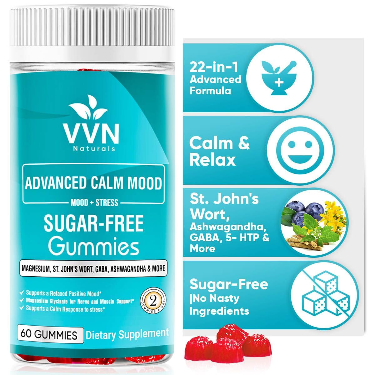 VVNATURALS - Gomitas 22 en 1 sin azúcar para el estado de ánimo tranquilo, hierba de San Juan, 5-HTP | Amazon (US)