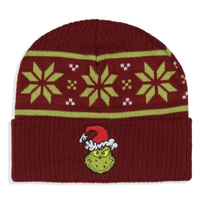Dr. Seuss The Grinch Ugly Sweater Embroidered Grinch Adult Knit Cuff Beanie For Men And Women Multicolored | Target