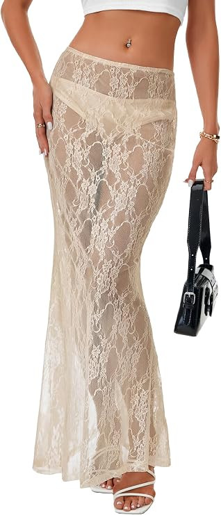 Women's Lace A Line Sheer Maxi Skirt | Amazon (US)