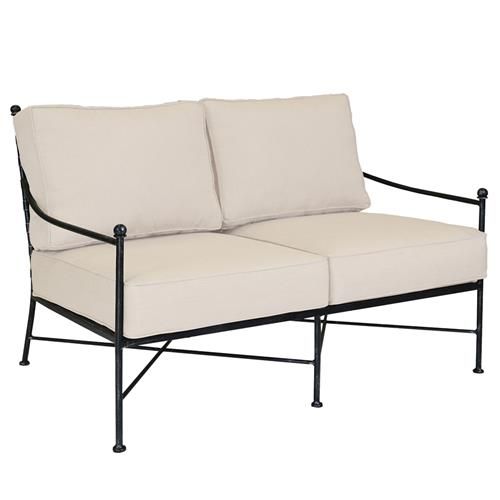 Sunset West Provence French Beige Cushion Metal Outdoor Loveseat | Kathy Kuo Home