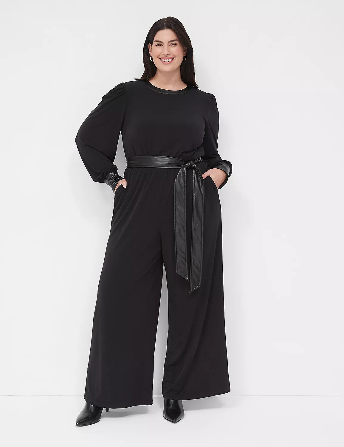 Wide Leg Jumpsuit With Faux-Leather Details | LaneBryant | Lane Bryant (US)