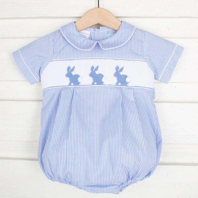 Bunny Silhouette Smocked Collared Boy Bubble Blue Stripe | Classic Whimsy