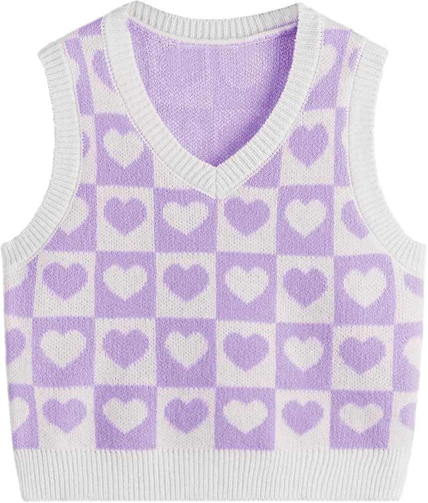 Floerns Girls Heart Print Sleeveless Sweater Vest V Neck Knitwear Tank Top | Amazon (US)