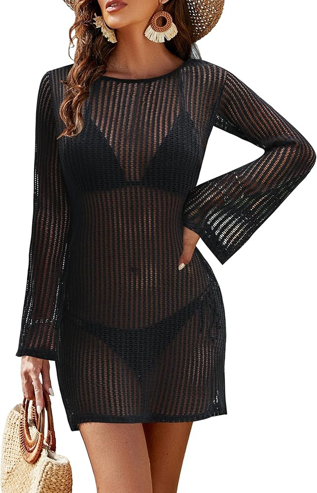Blooming Jelly Women's Swimsuit Coverup Crochet Bikini Cover Ups Hollow Out Net Longsleeve Swimwe... | Amazon (US)