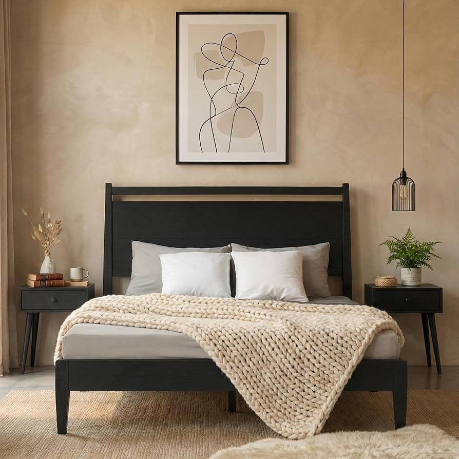Adept Wooden Bed Frame with Headboard, Solid Oak and Rubber Wood Foundation with Silent Slats and... | Amazon (US)