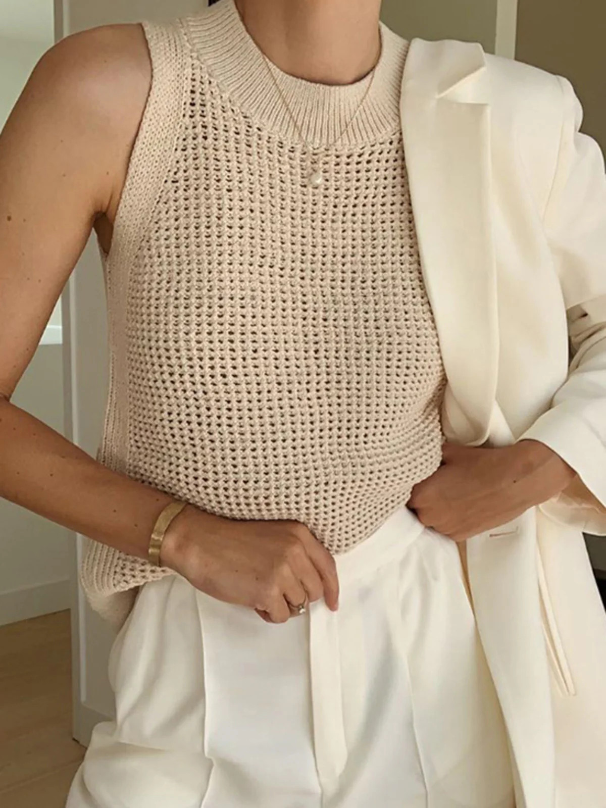 Knit Hollow Solid Tank Top | Commense