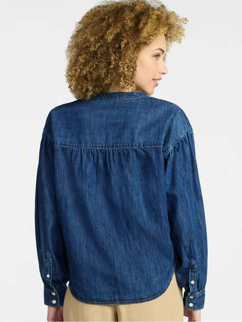 Time and Tru Women's Popover Denim Top with Long Sleeves, Sizes XS-XXXL | Walmart (US)