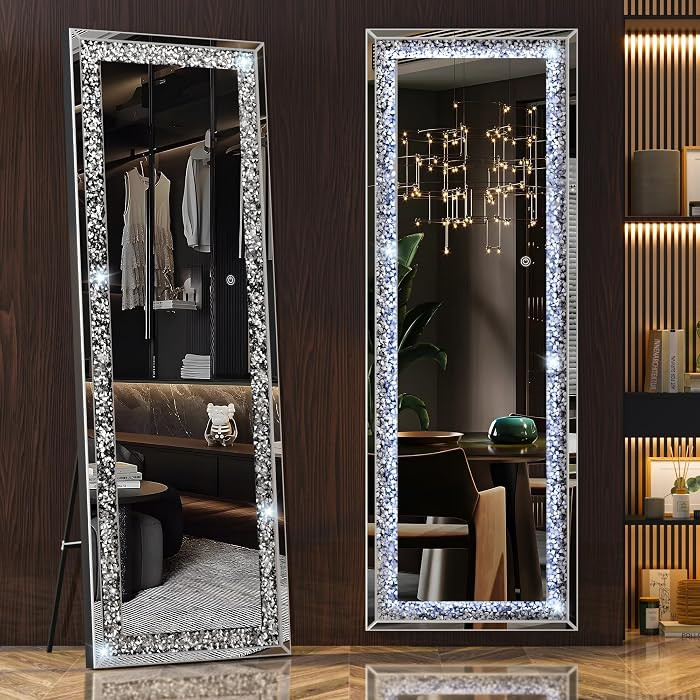 Hasipu 63\u201d\u00d720\u201d Full-Length Mirror with Lights- Crystal Crush Diamond Wall Mounted ... | Amazon (US)