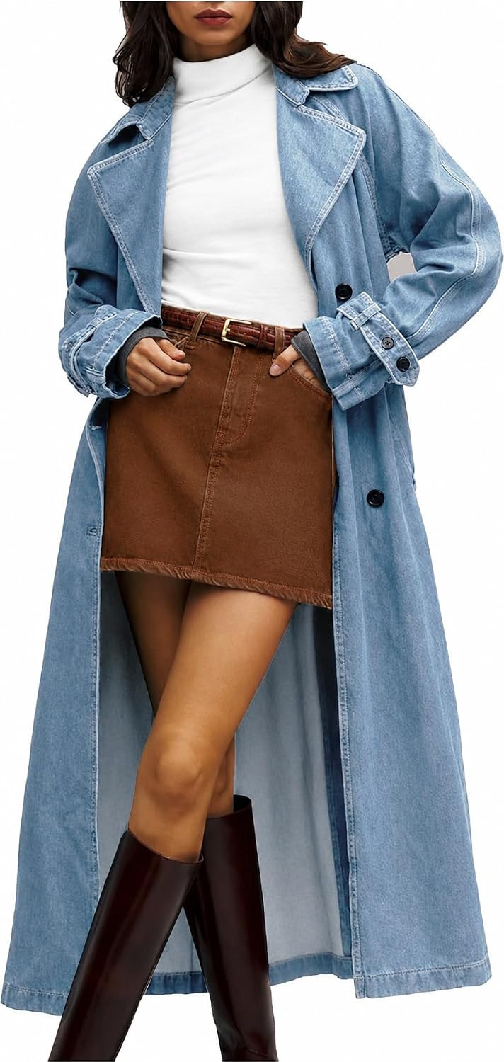 Women's Denim Trench Coat Jean Midi Overcoat Classic Lapel Long Jackets | Amazon (US)