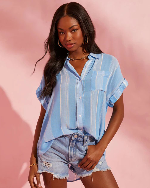 Tandi Striped Short Sleeve Button Down Top - Blue/White | VICI
