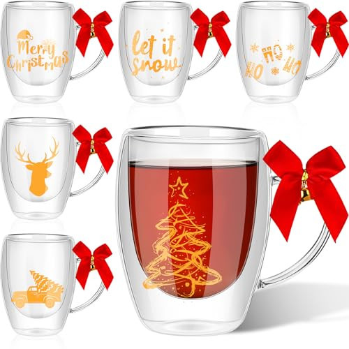 Ziliny 6 Pcs Christmas Glass Coffee Mugs 12oz Double Wall Glass Cup with Handle Insulated Christmas Mug with Snowflake Ring Bell Bow Clear Xmas Tea Cup for Family Friend Holiday Gift | Amazon (US)