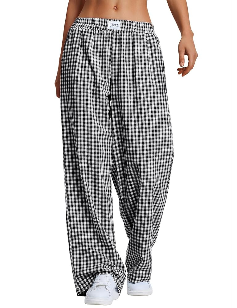 LOMON Women's Striped Gingham Boxer Pants Cotton Pajama Lounge Pj Casual Plaid Trousers Y2K Beach... | Amazon (US)