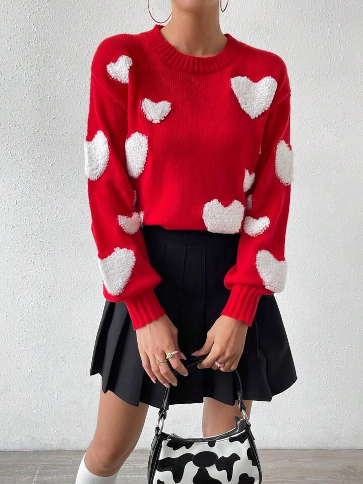 SHEIN Qutie Heart Pattern Drop Shoulder Sweater | SHEIN