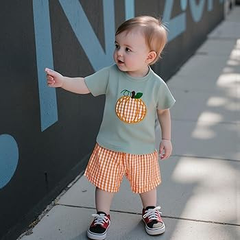 Toddler Boy Halloween Outfit Pumpkin Embroidery Short Sleeve Shirt Plaid Shorts Toddler Boy Hallo... | Amazon (US)