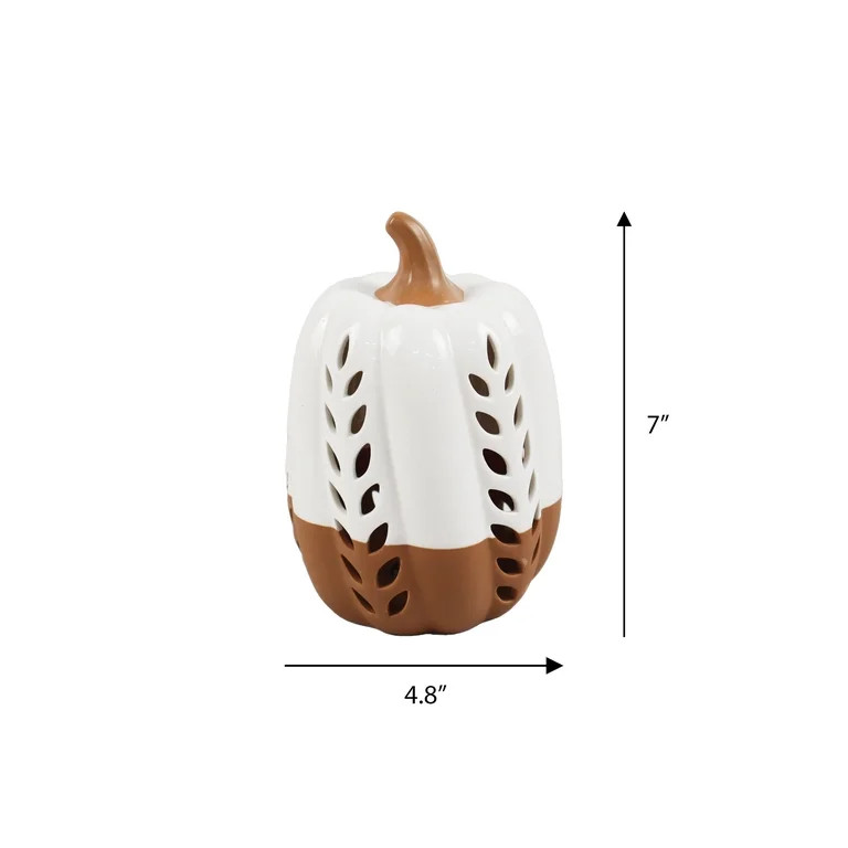 Fall Harvest Ivory Ceramic LED Pumpkin Tabletop Decoration, 7", Way to Celebrate | Walmart (US)
