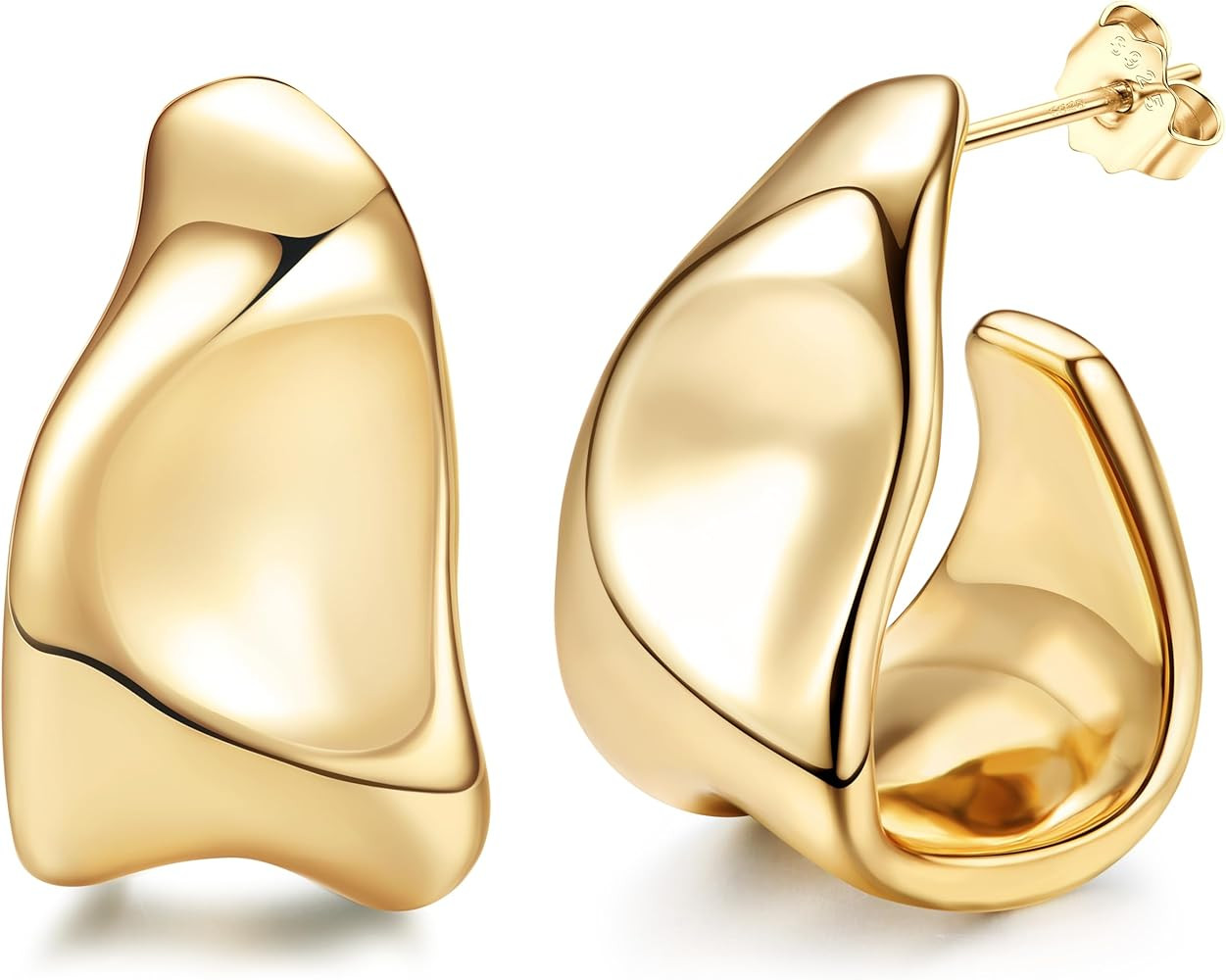 Adramata Chunky Gold Earrings for Women 925 Sterling Silver Hoop Earrings 14K Gold Plated Earring... | Amazon (UK)