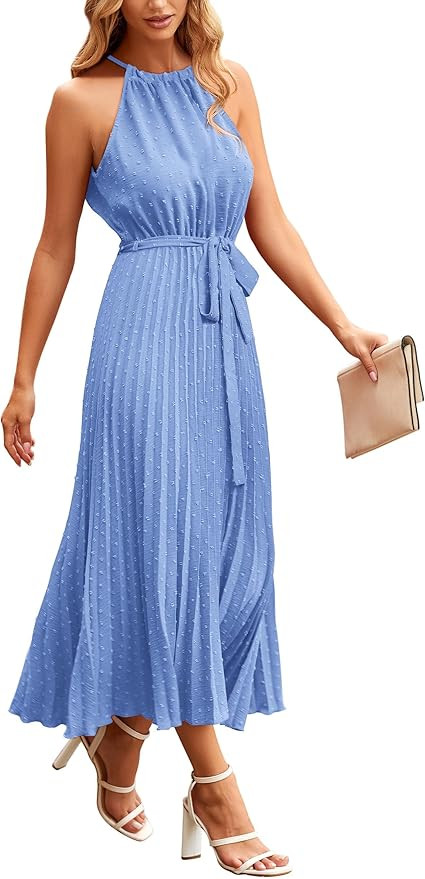PRETTYGARDEN Women's Summer Casual Long Dress Sleeveless Halter Neck Swiss Dot Pleated Beach Maxi... | Amazon (US)