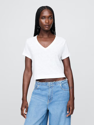 Linen-Blend V-Neck Crop T-Shirt | Gap (US)