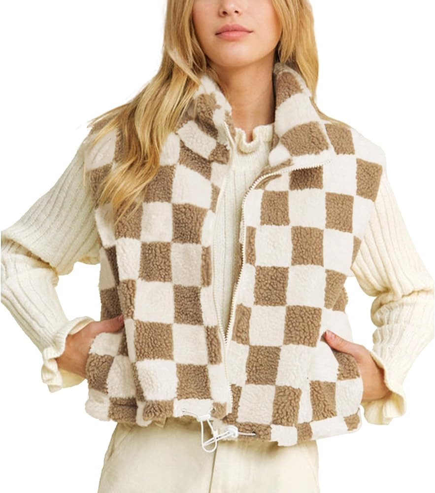 Hixiaohe Womens Checkered Cropped Sherpa Fleece Vest High Collared Sleeveless Jacket Zip Up Vests... | Amazon (US)