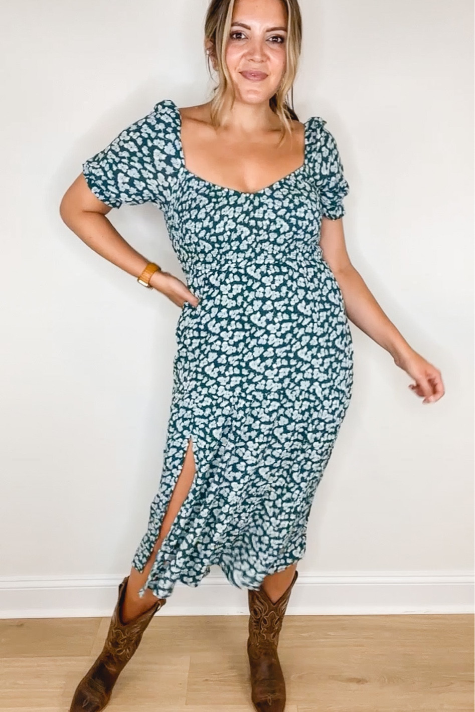 Fall dress— green floral print dress for fall. Fits tts. I’m in a medium. Boots run slightly large. I sized down one. 

#LTKunder50 #LTKunder100
